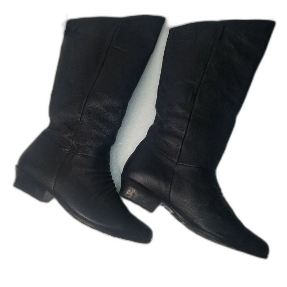 90s Vintage Black Leather Calf High Basic Editions Boots Almond Shape Toe Size 7